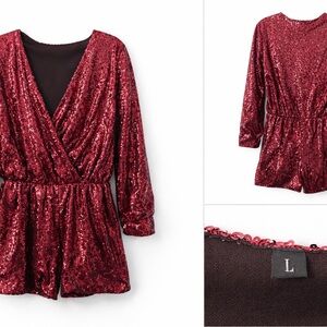 ✨ Burgundy Sequin Long Sleeve Romper – Size L ✨